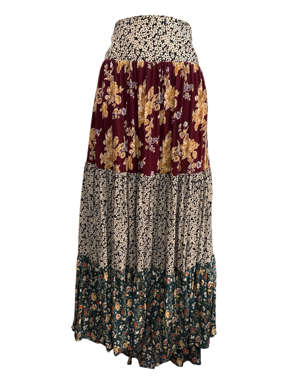 NATURAL LIFE Burgundy, Cream & green Floral Tiered Maxi Skirt size XL